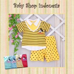 LU281 Setelan Kaos Mickey Mouse Salur 70 Kuning copy  large